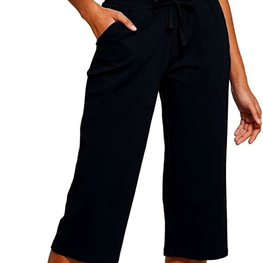 Women's Capri Pants Casual Summer Cotton Yoga Wide Leg((S/M/XL) BLACK
